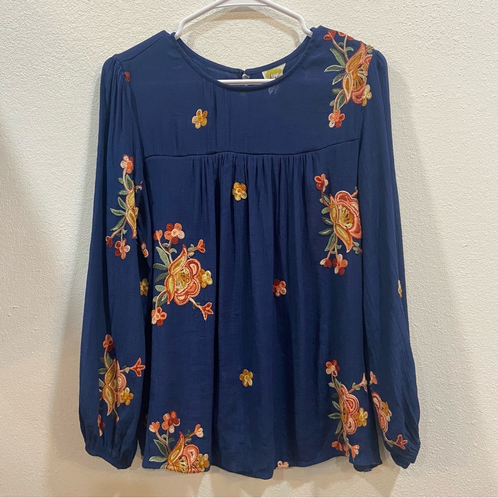 Anthropologie Figueroa & Flower Peasant Blouse Navy Blue Embroidered Boho Small